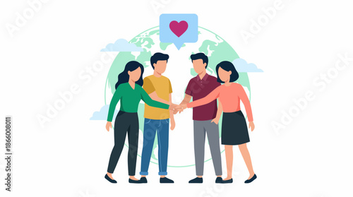 Flat vector illustration of four colleagues stacking hands over a globe background and a communication heart icon, concept for global teamwork, corporate identity and social networking