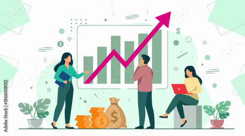 Business team analyzing significant financial growth on a bar chart with an ascending arrow and money icons, concept for successful investment, financial strategy and annual review