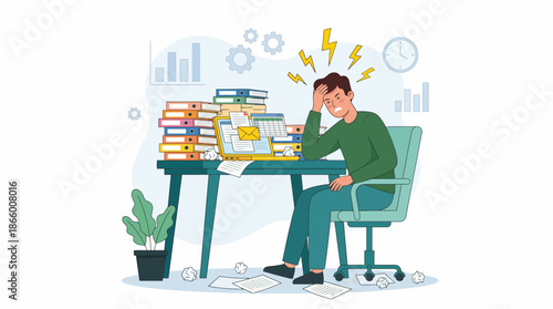 Stressed office manager experiencing burnout holding his head surrounded by file binders and a busy laptop, concept for mental health awareness, workflow productivity and deadline stress management