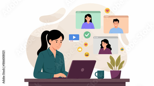 Young female executive collaborating virtually with team members via video call on her laptop, concept for remote working, virtual collaboration and digital communication platforms