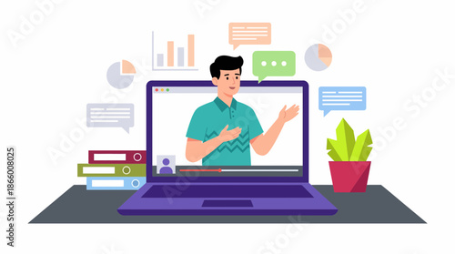 A graphic of a marketing executive giving a lesson on a laptop screen with charts, folders and speech bubbles, concept for online education, video conferencing and business training materials