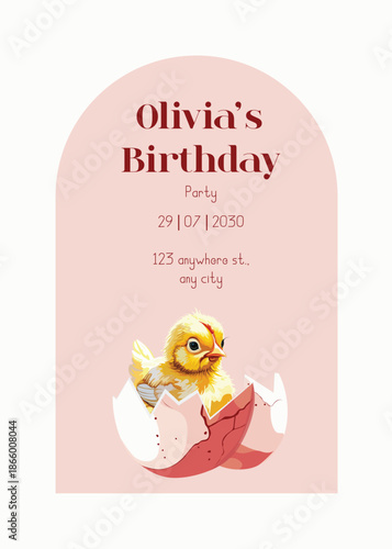 Greeting Card with a Cute little chick. Cartoon newborn baby girl. It’s a girl. Chicken character in a watercolour style. Vector illustration.