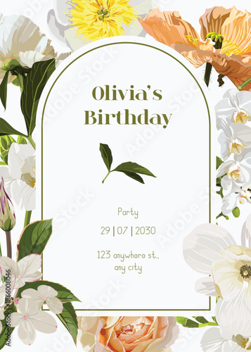 Floral decoration vector frame. Rose, peony, poppy wedding wreath. Exotic flowers, leaves invitation card. Watercolor style. 