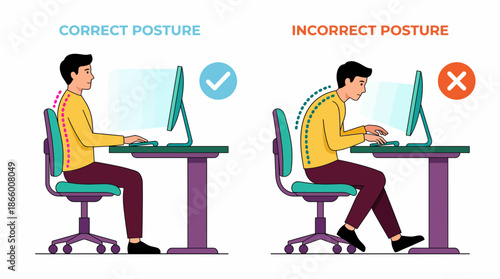 Vector graphic showing correct and incorrect ergonomic posture of a male office worker using a computer, concept for health education, corporate safety training and physical therapy promotion