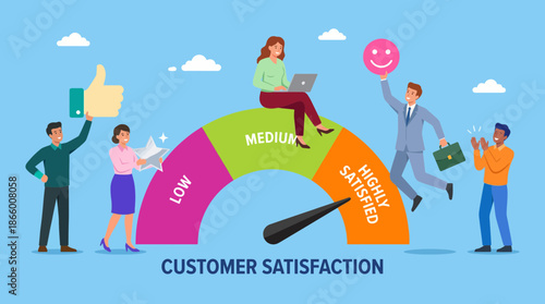 Diverse team measuring customer satisfaction gauge with feedback symbols, concept for business performance, service quality and market analysis