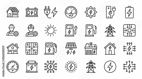 Outline icons for electrical power, solar energy, batteries, EV charging and engineering, concept for technology presentations, sustainability reports and infrastructure design