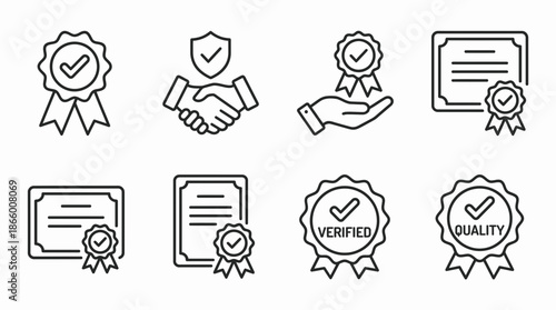Minimal outline icons for quality assurance, verified badges, trust handshake and certified documents, concept for quality control, business verification and guarantee services