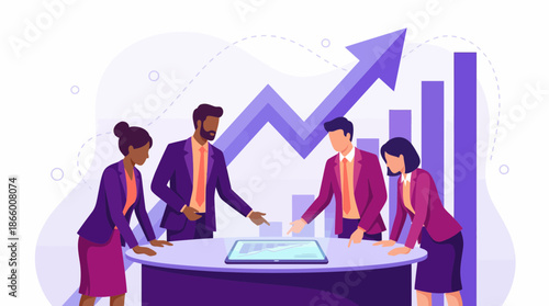 Four diverse business executives analyzing data on a tablet during a strategy meeting, highlighted by purple growth charts, concept for financial planning, market analysis and collaborative teamwork