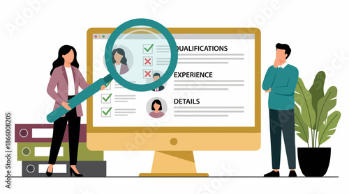 Female HR manager reviewing candidate qualifications on a large screen with a magnifying glass, concept for recruitment agency, talent acquisition and job placement