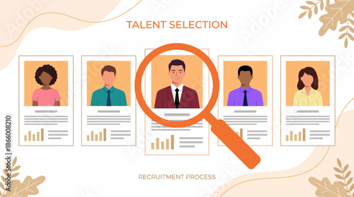 Illustration showing talent selection, diverse candidate profiles under a large magnifying glass, concept for human resources, job hiring and professional management