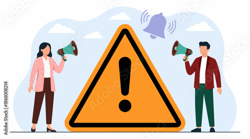 Business managers giving alert announcements with megaphones next to a large orange warning sign and bell, concept for risk management, important notification and urgent communication