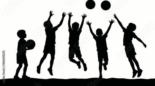 Black silhouette vector showing five boys jumping and reaching for balls during play on a white background, concept for children's activities, sports competition and youth education programs