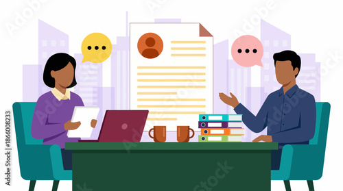 HR manager and job candidate discussing resume document during office interview, flat vector illustration, concept for recruitment, career planning and corporate hiring