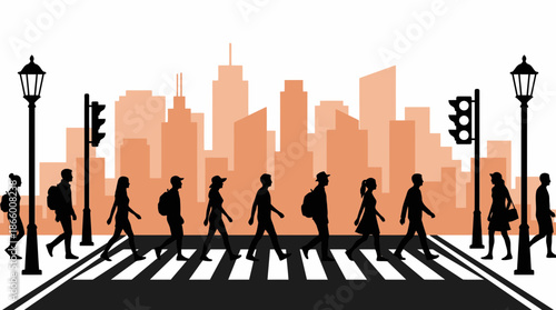 Silhouettes of diverse citizens crossing a striped pedestrian crosswalk against an orange city skyline, concept for urban travel, daily commute and public safety