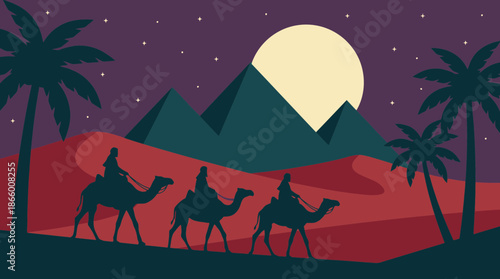 Stylized flat illustration of travelers on camels crossing a desert at night, featuring pyramids, palms and a large moon, concept for travel promotions, religious history and graphic design resources