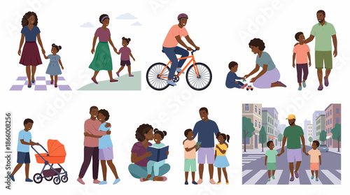 Flat vector illustrations of African American families bonding, including walking, cycling, reading and playing with children, concept for parenting blogs and educational materials