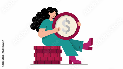 Cheerful businesswoman sitting on stacked blocks holding a large dollar coin symbol illustration, concept for financial planning, investment strategy and wealth management