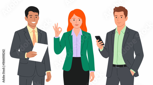 Diverse business executives standing; female manager shows OK sign, male executive holds documents, concept for successful partnership, professional development and business presentations