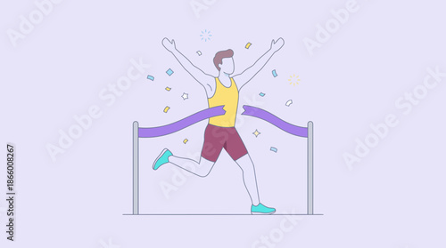 A triumphant runner breaks the purple finish line tape with raised arms and confetti flying in a flat vector style, concept for motivation, goal setting and achievement awards