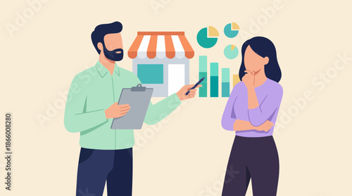 Business consultant explains bar graphs and charts to a female small business owner analyzing performance, concept for marketing strategy, financial reporting and operational coaching