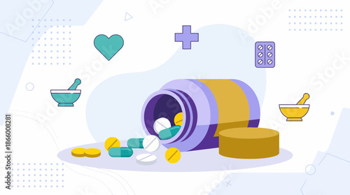 Open medicine bottle spilling pills and capsules, surrounded by medical icons including heart and mortar, concept for healthcare marketing, pharmacy design and science presentations