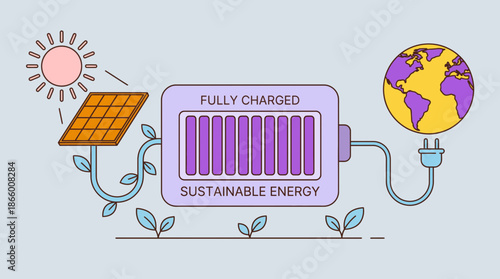 Line art illustration of a solar panel charging a sustainable battery connected to the Earth globe, concept for global renewable energy solutions, ecological management systems and power technology