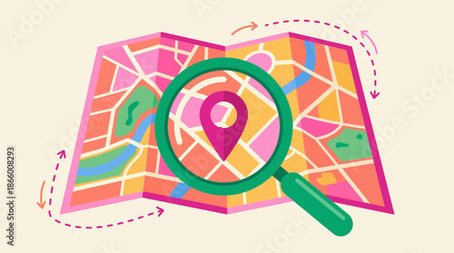 Colorful folded street map illustration with a magnifying glass highlighting a pink GPS location pin, concept for destination planning, local search and navigation services
