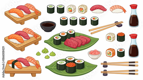 Vector illustration of various popular sushi and sashimi types with chopsticks and sauces, concept for restaurant menus, food packaging design and Japanese cuisine marketing