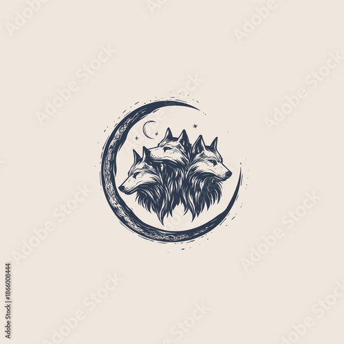 Vintage mystical wolf trio illustration with crescent moon, hand drawn ethereal canine engraving for occult and celestial design