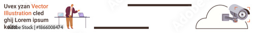 Employee management, data security, cloud storage, workplace monitoring, privacy protection, technology usage. A person working with laptops, connected to a cloud with a CCTV camera. Data security