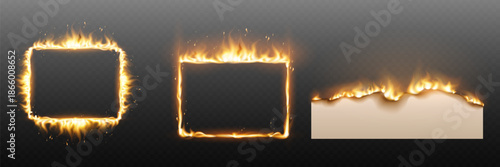 Realistic frames on fire, burning paper on fire.