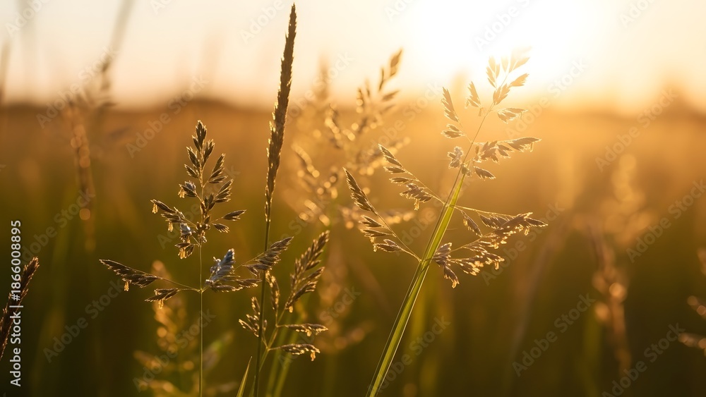 Fototapeta premium Golden light shining through grass blades in a serene landscape at sunrise
