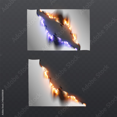 Abstract torn paper reveal with flame and lightning effect.