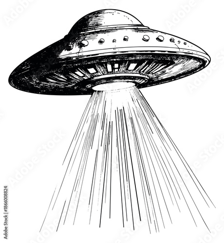 Hand drawn illustration of a UFO depicting a light beam for science fiction concepts