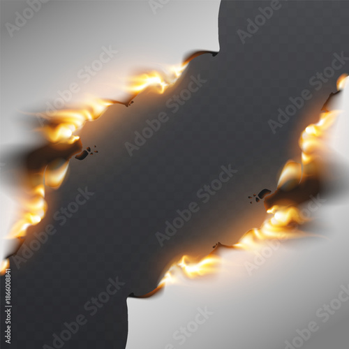 Torn paper frame with fire flames and burned edges