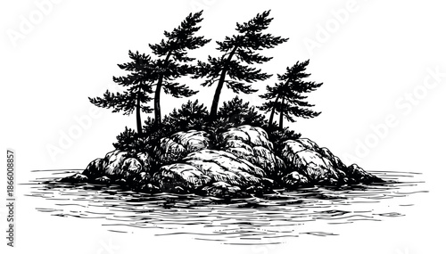 Hand drawn illustration of a rocky island with pine trees depicting a natural landscape for outdoor designs