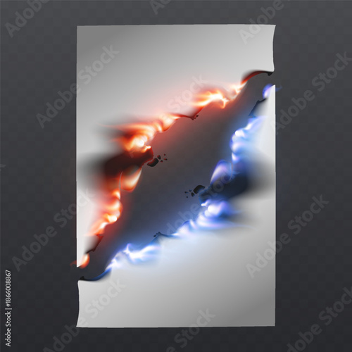 Burning hole in paper with glowing fire edges
