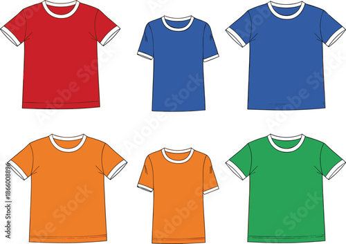 Colorful blank t shirt set illustration, red blue orange green short sleeve apparel mockup, casual clothing design collection