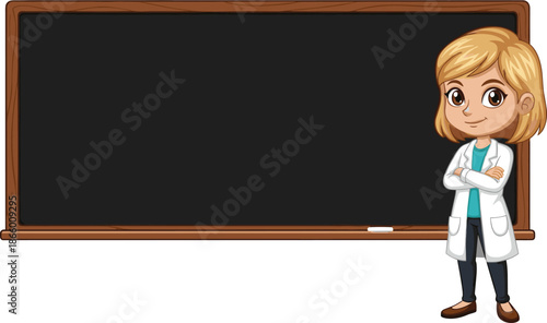 Female teacher cartoon character, classroom blackboard background, education concept illustration, school teaching scene, academic presentation, empty chalkboard space