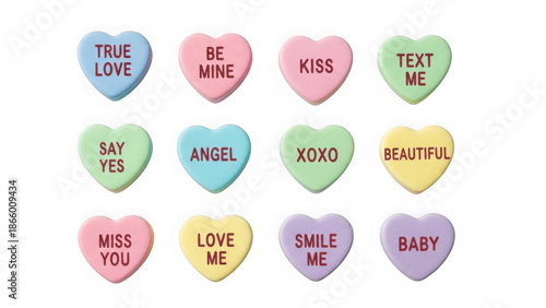 Colorful heart-shaped candies with sweet messages isolated on transparent background