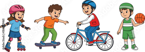 Kids playing sports illustration, children riding bicycle skateboard roller skating basketball, happy active kids, outdoor playtime, cartoon vector art
