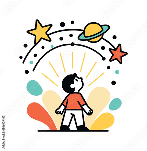 Celestial Wonder. State of Wonder. A small figure gazes upward at floating star shapes, planetary rings, and glowing dots forming a whimsical celestial arc.