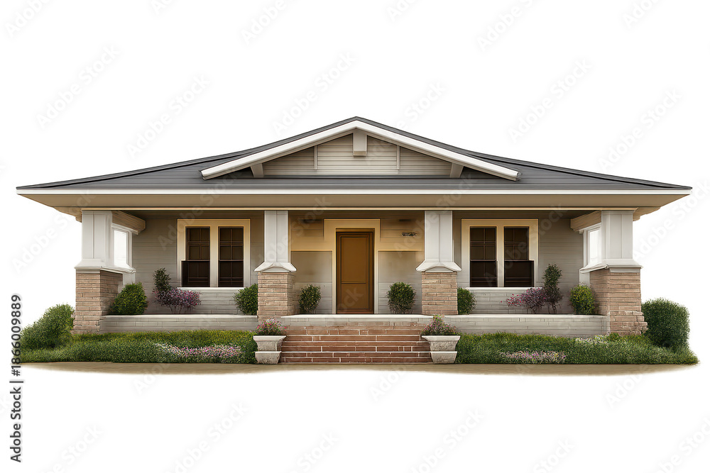 Fototapeta premium Craftsman-style home with front porch on a transparent background.