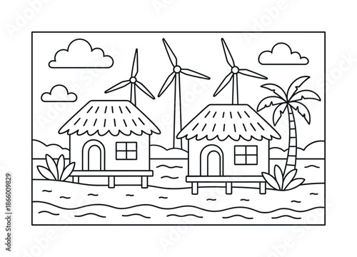 Eco-Villas Coloring Page. Beach eco-villas children?s coloring book illustration, outlined drawing, simple bungalows near the shoreline with wind turbines in