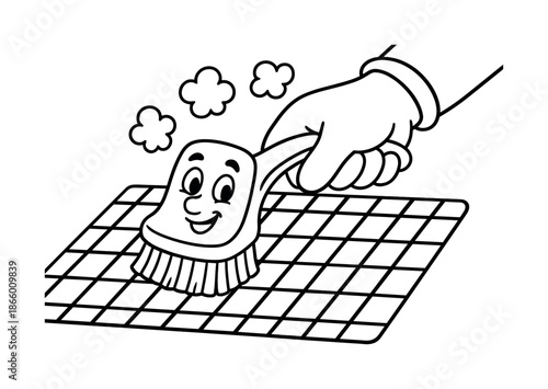Grill Cleaning Coloring Page. Scrubbing grill grates children?s coloring book illustration, outlined drawing, a friendly hand holding a cartoon brush cleaning