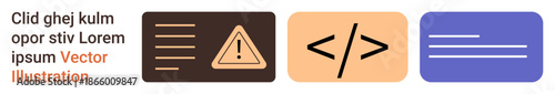 Software development, coding tools, programming workflow, web development, design process, alert notifications. Warning sign, code brackets and text layout symbols. Coding tools and programming
