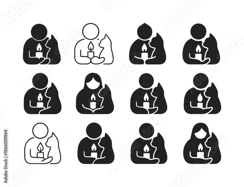 Pet Loss Iconography. Grieving the loss of a pet. Icon set. Set Logo of grieving the loss of a pet: Candlelight vigil. harmonious logo variations of the same