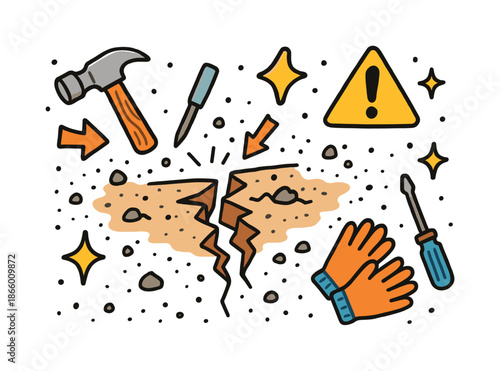 Colorful Surface Fracture. Surface Fracture. Colorful Hand-drawn doodle Children illustration fissure, cracked ground, dust specks, tiny rocks, hammer, chisel,