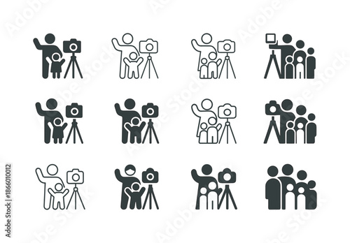 Family Vacation Icons. taking a family vacation photo. Icon set. Set Logo of taking a family vacation photo: family holding camera on tripod. harmonious logo