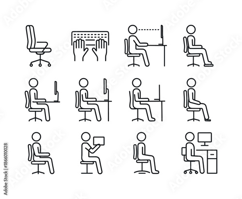 Workplace Ergonomics Icons. Workplace posture. Line icon set of workplace posture: ergonomic chair, keyboard alignment, monitor eye level, footrest usage,